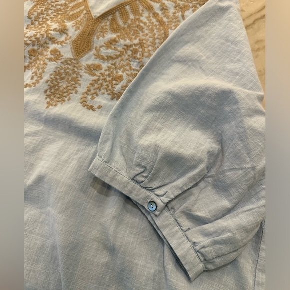 Blue Boho Embroidered Balloon Sleeve V-Neck Top 100% Cotton sz L - Picture 7 of 11